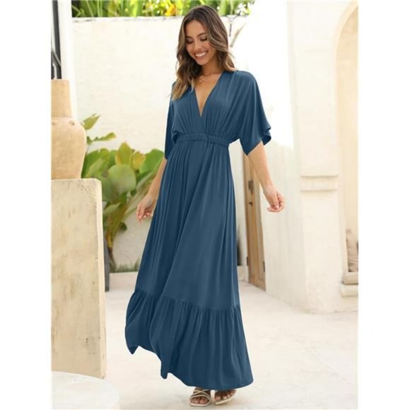 Women’s Summer V Neck Batwing Short Sleeve Loose High Waist Flowy Maxi Dress - Picture 5 of 7